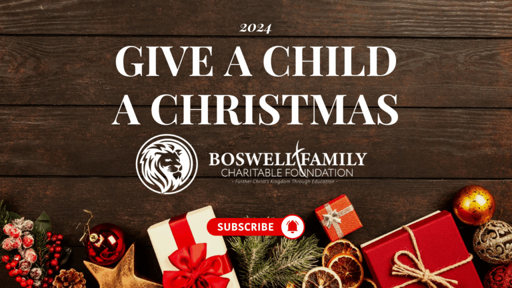 A YouTube video thumbnail for the "2024 Give a Child a Christmas" campaign. The image shows a flat lay of Christmas decorations and wrapped gifts on a dark wooden background. The text "2024 Give a Child a Christmas" is prominently displayed, along with the Boswell Family Charitable Foundation logo and a "SUBSCRIBE" button.