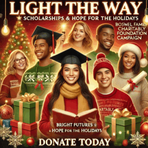 A festive and colorful holiday-themed graphic with "LIGHT THE WAY: SCHOLARSHIPS & HOPE FOR THE HOLIDAYS" at the top. The image features a group of diverse, smiling students, some wearing graduation caps, holding gifts and a book. The background includes a decorated Christmas tree. The text "BRIGHT FUTURES & HOPE FOR THE HOLIDAYS" and "DONATE TODAY" is at the bottom.