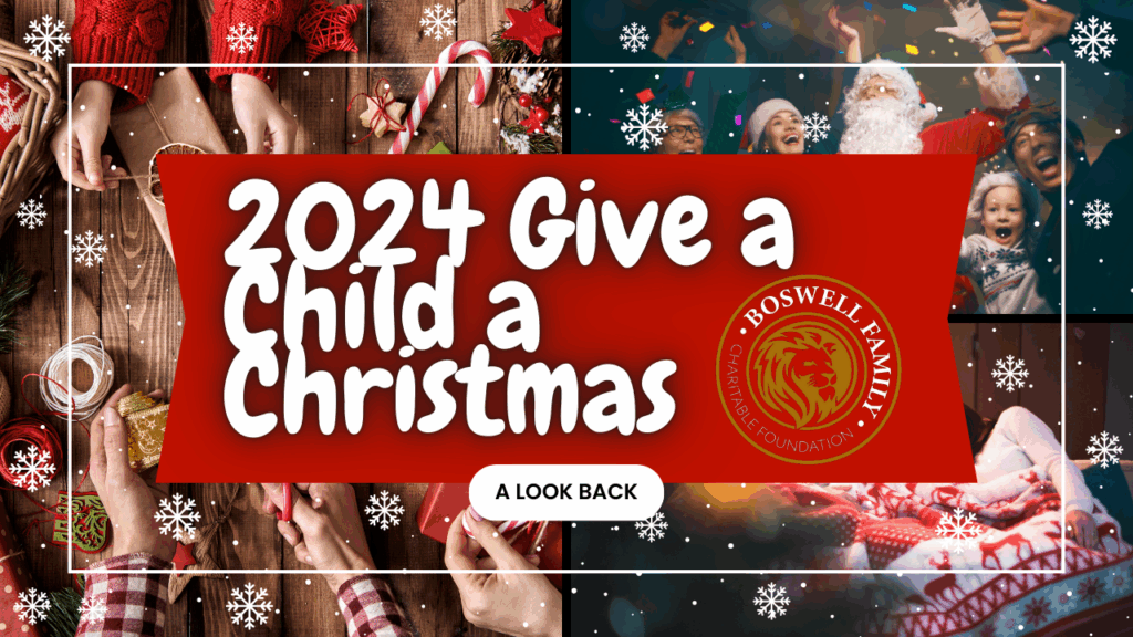 A holiday-themed collage thumbnail for a video titled "2024 Give a Child a Christmas." The central red banner has the campaign name and the Boswell Family Charitable Foundation logo. The surrounding photos show people wrapping gifts, Santa Claus, children smiling, and people cozying up under blankets, conveying a feeling of holiday warmth and joy.