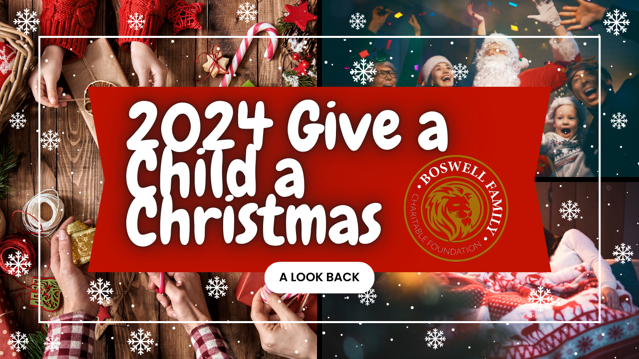 A holiday-themed collage thumbnail for a video titled "2024 Give a Child a Christmas." The central red banner has the campaign name and the Boswell Family Charitable Foundation logo. The surrounding photos show people wrapping gifts, Santa Claus, children smiling, and people cozying up under blankets, conveying a feeling of holiday warmth and joy.