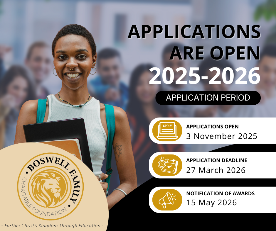 Boswell Family Charitable Foundation scholarship applications open from November 3, 2025, to March 27, 2026, with awards notified May 15, 2026. Features a smiling student and the foundation's logo.