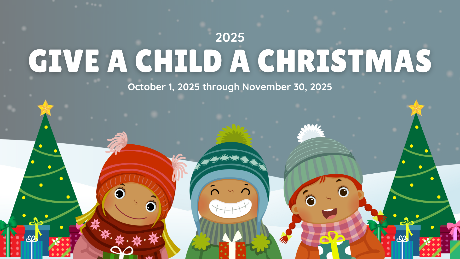 Graphic for the 2025 Give a Child a Christmas campaign showing three children with presents in a snowy, festive scene.