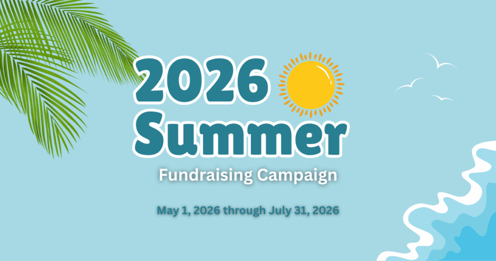 Graphic for the Boswell Family Charitable Foundation's 2026 Summer Fundraising Campaign featuring a sun and palm fronds against a blue sky.