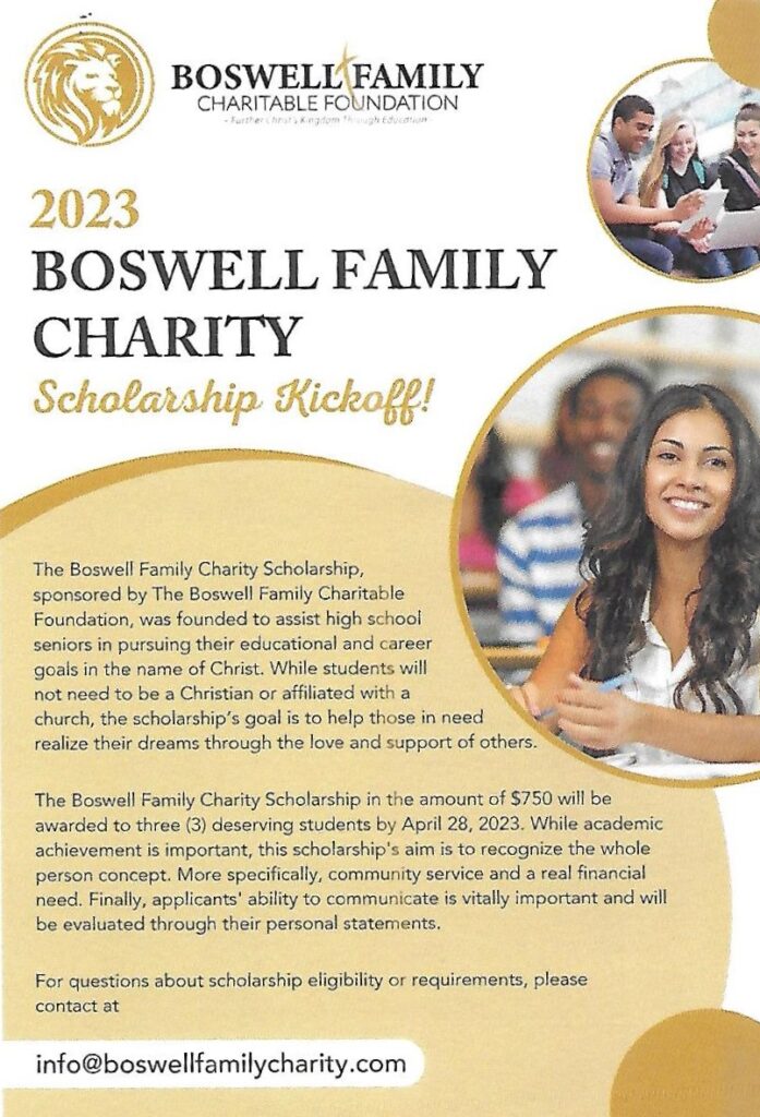 A promotional flyer for the 2023 Boswell Family Charity Scholarship. The graphic features the foundation's logo, images of diverse college students, and details about the scholarship's purpose, award amount, and application deadline.