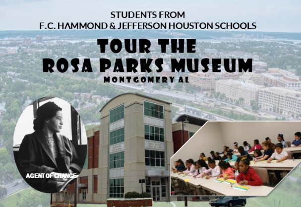 A promotional flyer for a virtual tour of the Rosa Parks Museum. The flyer features a black and white portrait of Rosa Parks, an image of the museum building, a photo of children on a tour, and a list of tour dates and times. It also includes the logos of the sponsoring organizations.