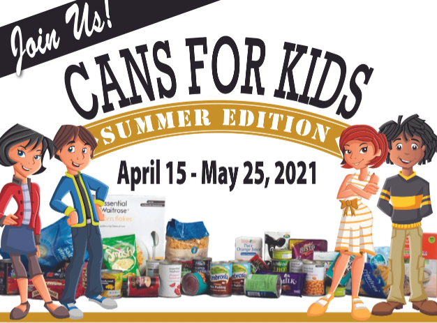 A colorful flyer for the "Cans for Kids Summer Edition" food drive. The graphic features four cartoon children standing on either side of a collection of canned food items. The flyer includes dates, a call to action, and QR codes for donations via PayPal and Venmo.