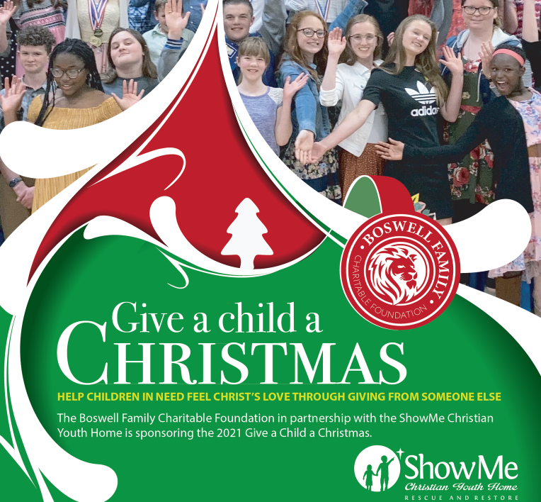 A colorful flyer for the "Give a child a Christmas" campaign. The graphic features a festive red and green swoosh design with a Christmas tree icon. In the background, there is a blurry photo of a group of children and teenagers waving and smiling. The flyer includes a call to action and the logos for the Boswell Family Charitable Foundation and the Show-Me Christian Youth Home.