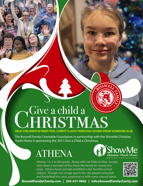 A fundraising flyer for "Give a child a Christmas." The graphic features a profile of a teenage girl named Athena, describing her love for animals and her favorite subject, Bible study.