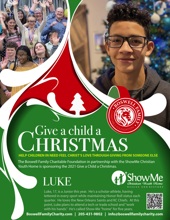 A fundraising flyer for "Give a child a Christmas." The graphic features a profile of a teenage boy named Luke, along with a description of him as a scholar-athlete with a plan to attend a trade school.