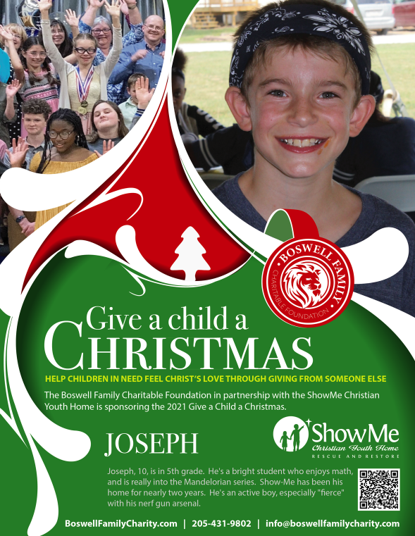 A fundraising flyer for "Give a child a Christmas." The graphic features a profile of a young boy named Joseph, describing him as a bright student who enjoys math and the Mandalorian series.