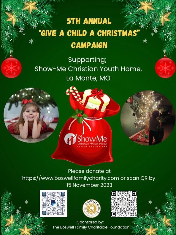 A festive flyer for the "5th Annual Give a Child a Christmas Campaign." The design features a red background with a Christmas border and a large red gift bag in the center. Inside two circular cutouts, there are photos of smiling children. The flyer includes a link and QR codes for donations.