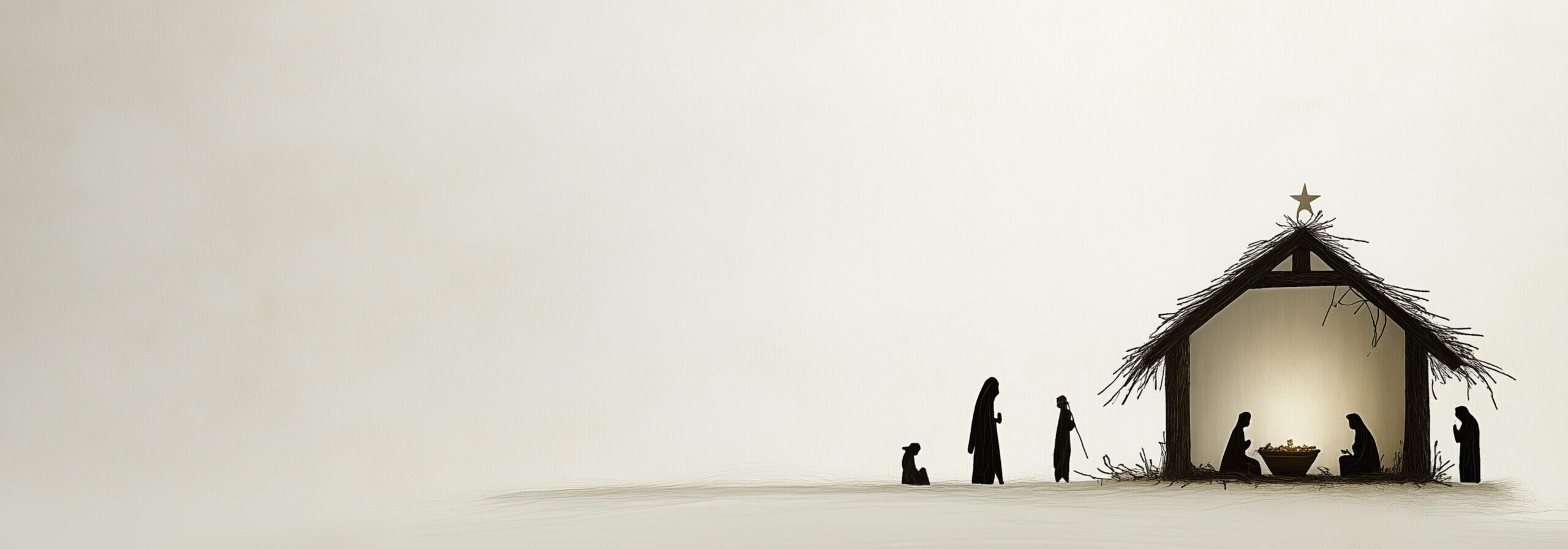 A minimalist silhouette of the nativity scene with Mary, Joseph, and the baby Jesus in a stable under the Star of Bethlehem.