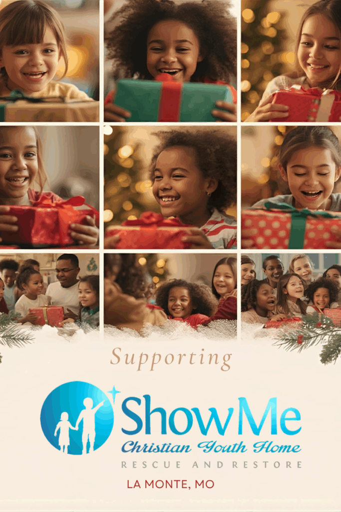 A photo collage showing children smiling and opening Christmas gifts at the ShowMe Christian Youth Home, celebrating the Give a Child a Christmas campaign.