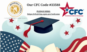 A graphic promoting the Combined Federal Campaign (CFC) featuring a graduation cap, open book, and American flag overlay, with CFC Code #33588.