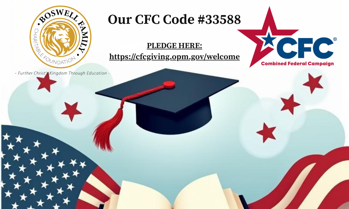 A graphic promoting the Combined Federal Campaign (CFC) featuring a graduation cap, open book, and American flag overlay, with CFC Code #33588.