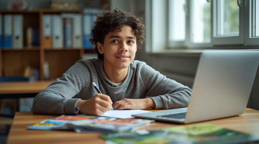 A young male student smiling while taking notes and looking at a laptop computer in a library setting.