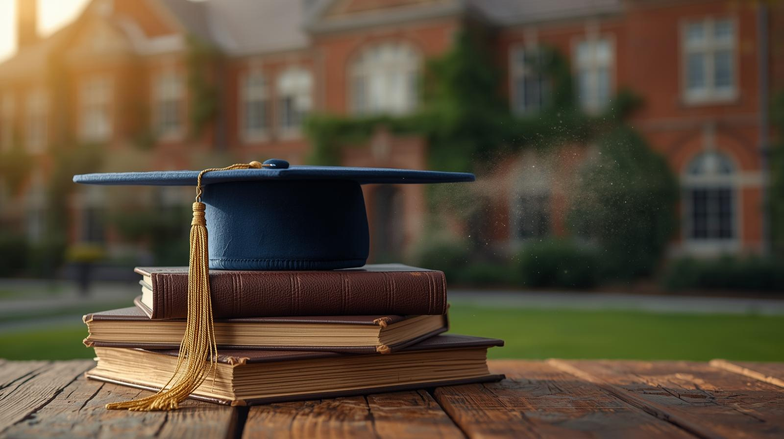 A blue graduation cap with a gold tassel resting on a stack of academic books in front of a brick college building.