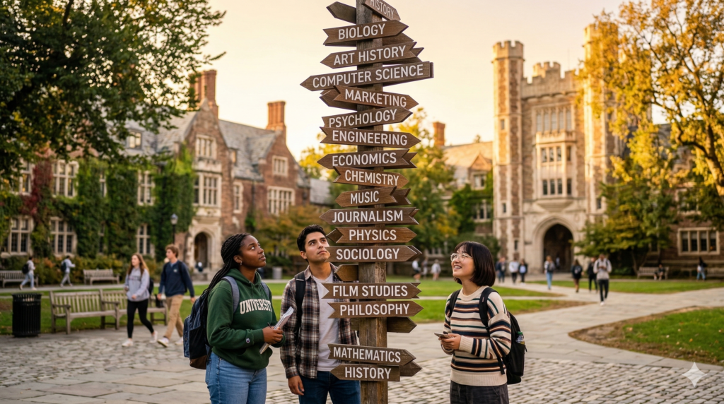 Three diverse college students looking up at a tall wooden signpost with arrows pointing to various majors like Biology, Computer Science, and Philosophy.