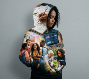 A double exposure silhouette of a student filled with images of sketching, coding on a laptop, volunteering, and socializing with friends.