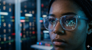 Close-up of a young woman wearing glasses reflecting digital network data, representing cybersecurity and STEM fields.