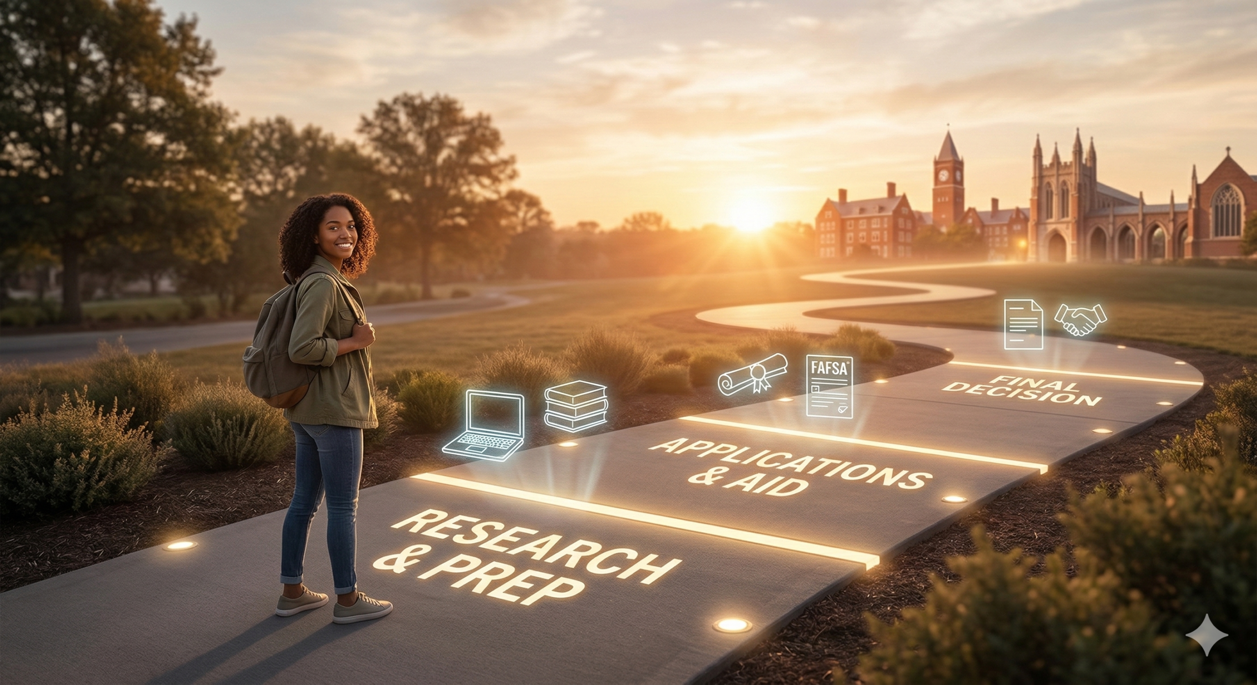 A female student standing on a winding path at sunset with glowing milestones labeled Research & Prep, Applications & Aid, and Final Decision.
