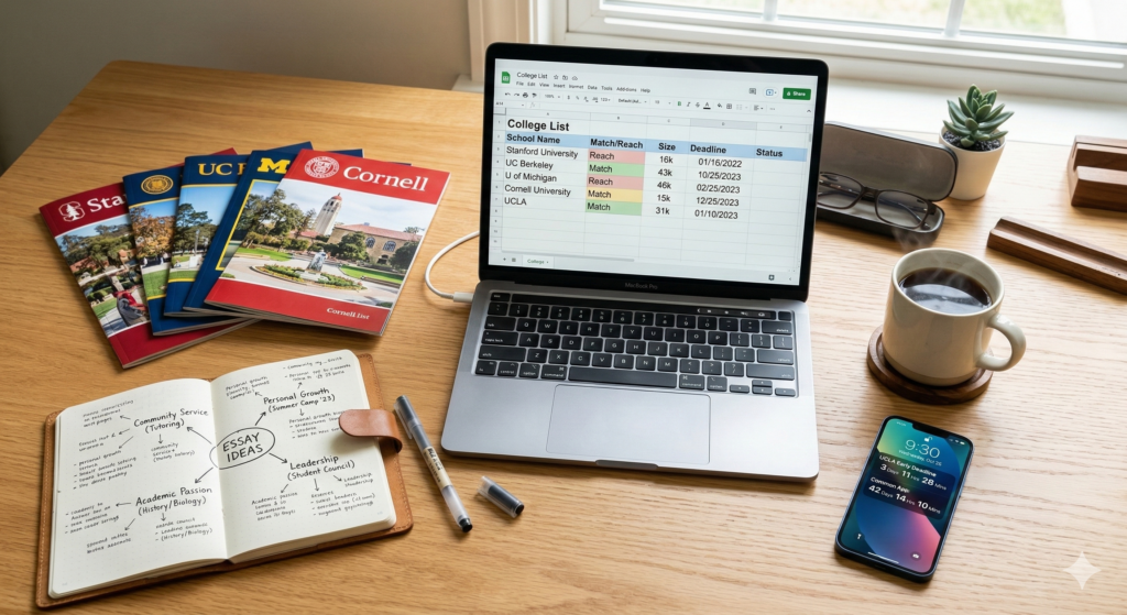 A organized desk featuring a laptop displaying a college list spreadsheet, a notebook with essay ideas, and several university brochures.