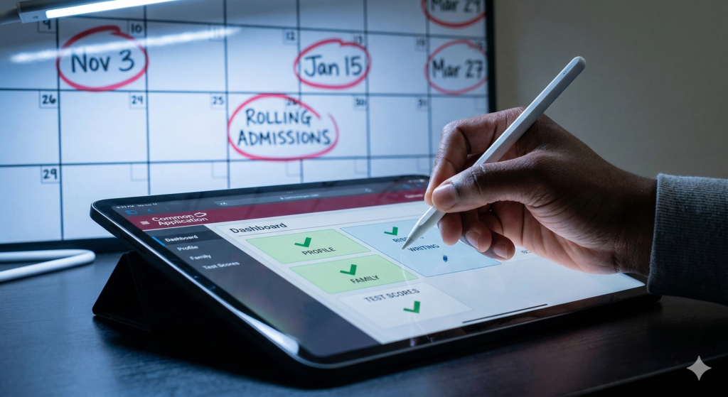 A close-up of a student using a stylus on a tablet to fill out the Common Application, with a calendar in the background showing key deadlines.