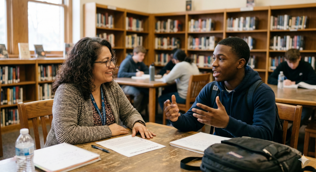 A student discussing his personal statement with a school counselor in a library filled with books.