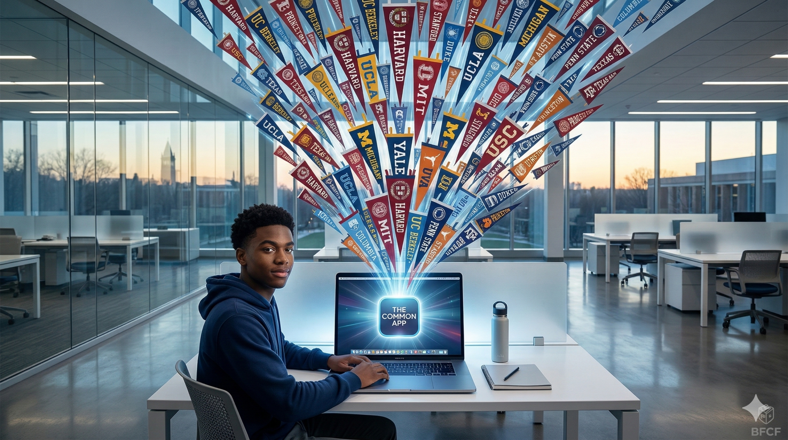A young man sitting at a laptop in a modern office, with dozens of university pennants like Harvard, Yale, and UCLA erupting from the screen.