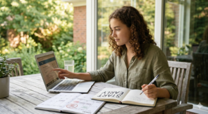 A student sitting at an outdoor table with a laptop and a planner, writing "START EARLY" in a notebook.