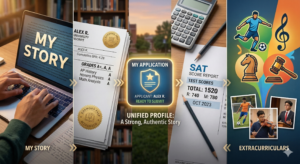 An infographic showing the components of a Common App "Unified Profile," including an essay, transcript with high grades, SAT scores, and extracurricular photos.
