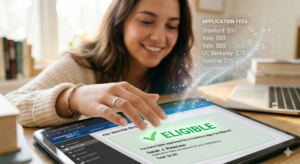 A close-up of a student’s hand pointing to a tablet screen that says "ELIGIBLE" for a Common App Fee Waiver.