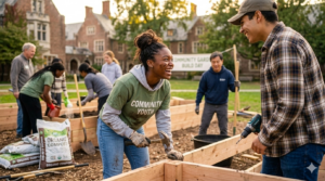 A smiling young woman in a "Community Youth" shirt working with a group of diverse volunteers to build wooden garden beds at a community garden.