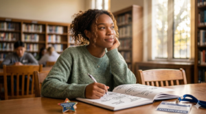 A young woman sitting in a library with a notebook, looking thoughtfully out the window while holding a pen. A "Community Impact" star and "Volunteer" badge are on the table.