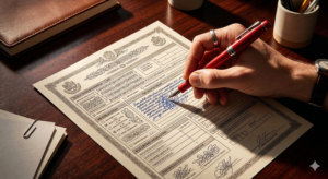 A hand using a red fountain pen to carefully review and mark up a formal-looking application document on a wooden desk.