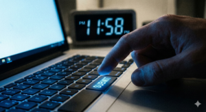 A close-up of a hand about to press a glowing blue "SUBMIT" key on a laptop, with a digital clock in the background showing 11:58 PM.