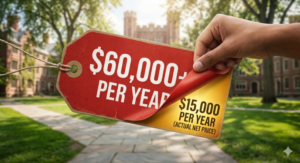 A hand peeling back a red price tag showing "$60,000+ Per Year" to reveal a lower "Actual Net Price" of "$15,000 Per Year" underneath.