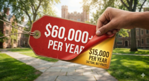 A hand peeling back a red price tag showing "$60,000+ Per Year" to reveal a lower "Actual Net Price" of "$15,000 Per Year" underneath.