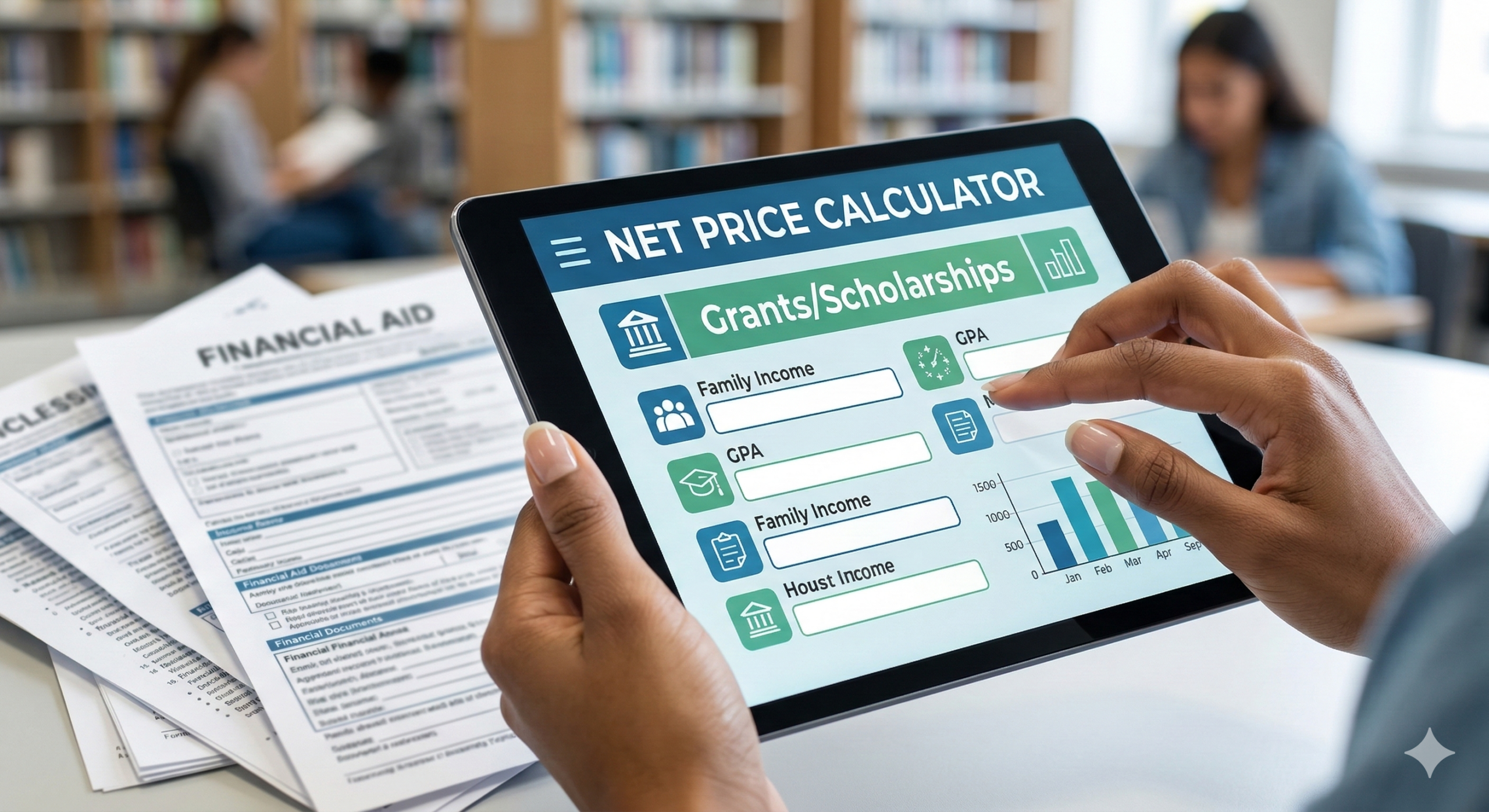 A close-up of a person's hands using a tablet that displays a "Net Price Calculator" with fields for GPA, family income, and grants/scholarships.