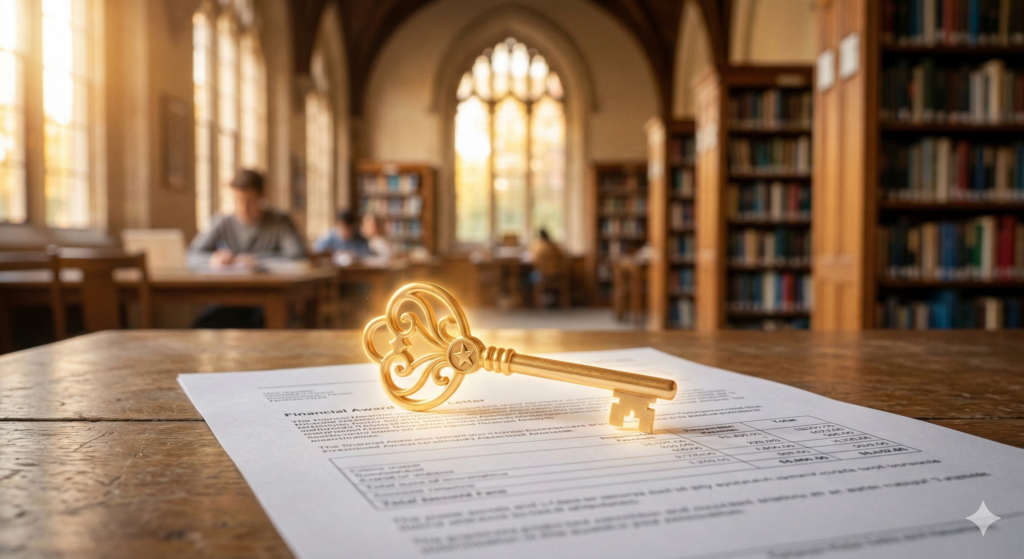 A symbolic ornate golden key resting on top of a "Financial Award Letter" document in a sunlit university library.