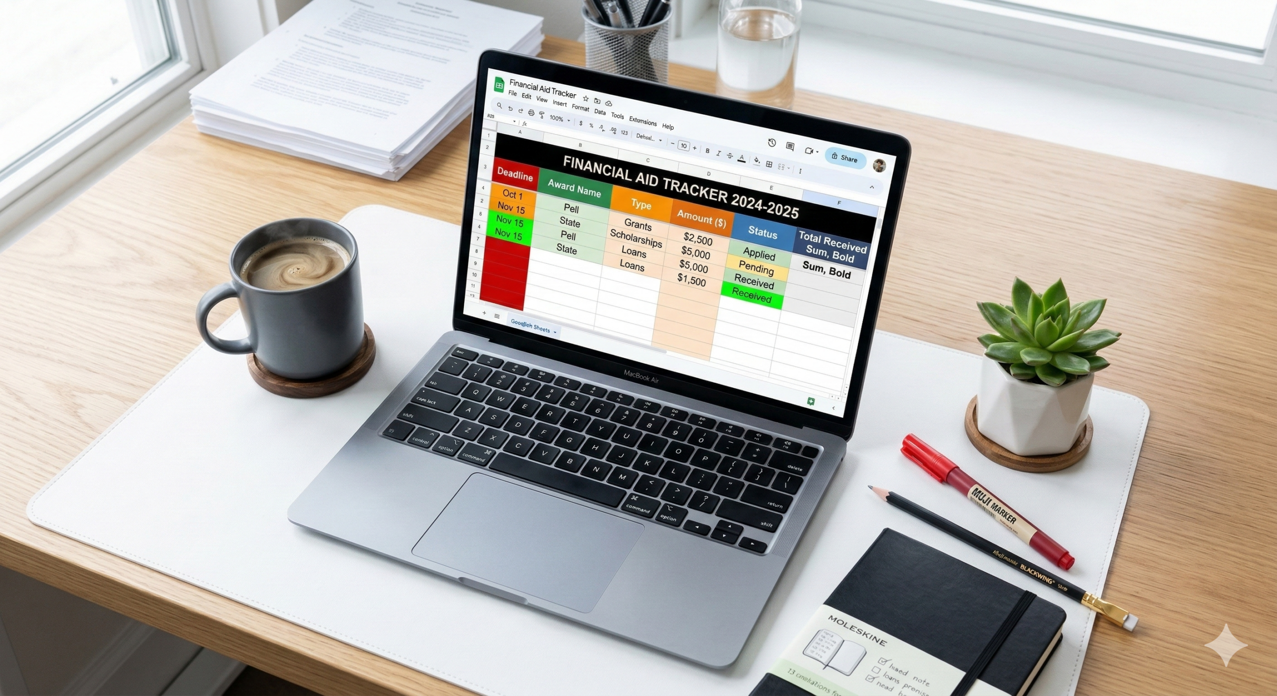 A laptop on a clean white desk showing a "Financial Aid Tracker 2024-2025" spreadsheet with columns for deadlines, award names, and status.