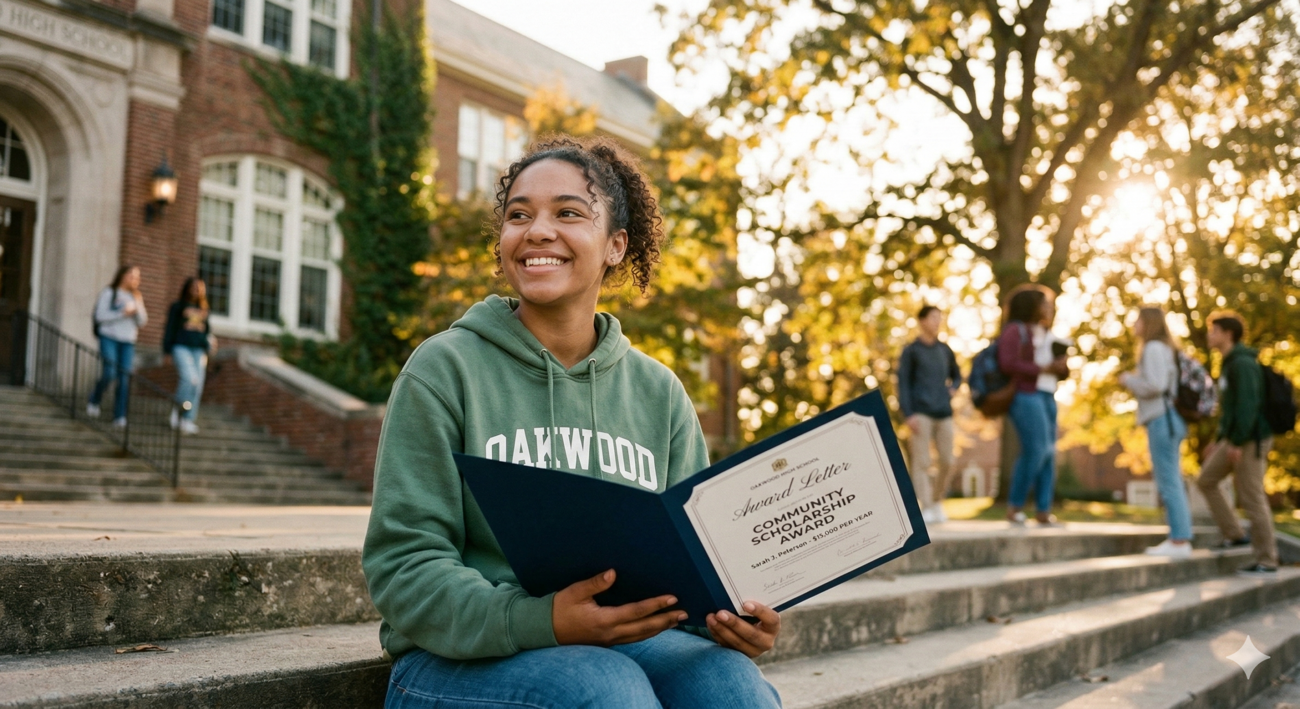 A happy female student sitting on college steps holding an open blue folder that contains a "Community Scholarship Award" certificate.