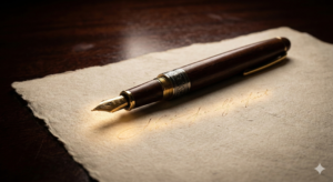 A classic wooden fountain pen resting on a piece of high-quality parchment paper with elegant, faint cursive writing.