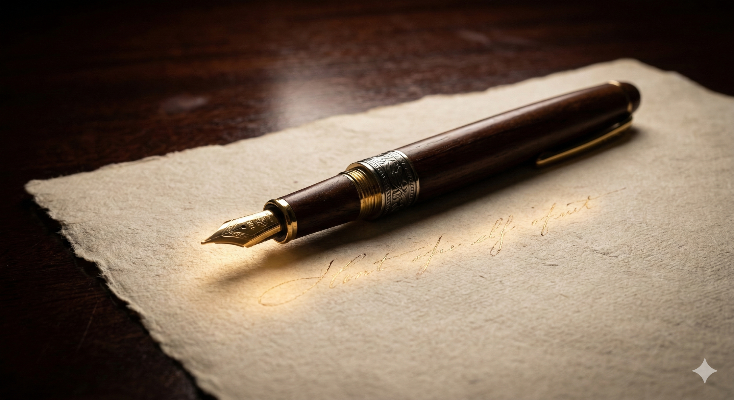 A classic wooden fountain pen resting on a piece of high-quality parchment paper with elegant, faint cursive writing.