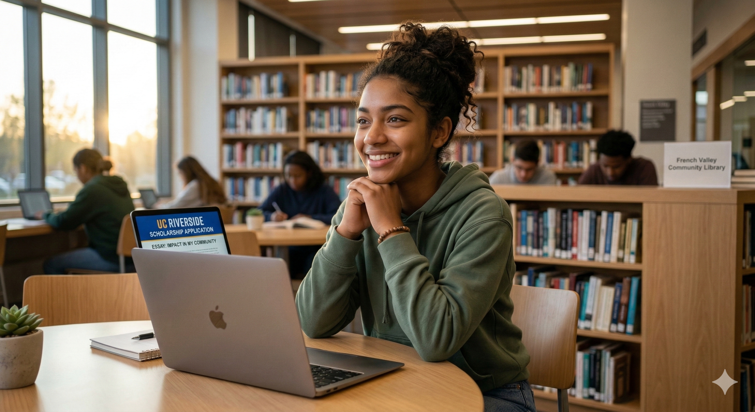 A smiling student sitting at a library table with a laptop displaying a "Scholarship Application" for UC Riverside, reflecting on her work with her hands on her chin.