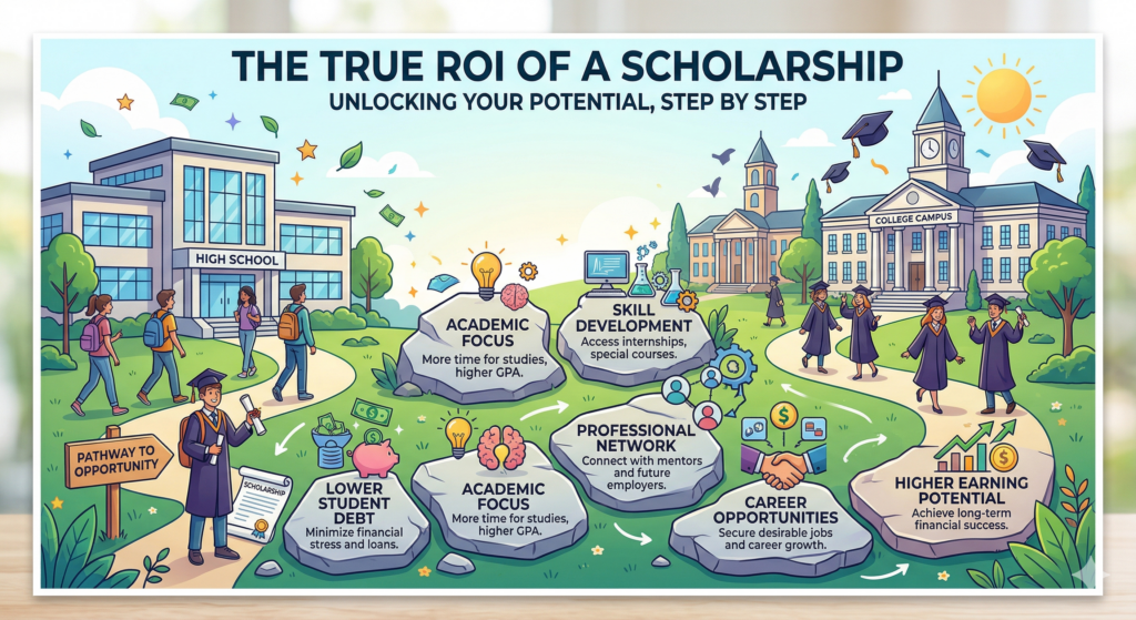 An illustration of a student walking along a clear path toward a bright college campus, representing the true ROI and lifelong impact of investing in scholarships. Title: investing-in-scholarships-true-roi-bfcf