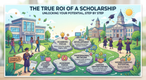 An illustration of a student walking along a clear path toward a bright college campus, representing the true ROI and lifelong impact of investing in scholarships. Title: investing-in-scholarships-true-roi-bfcf
