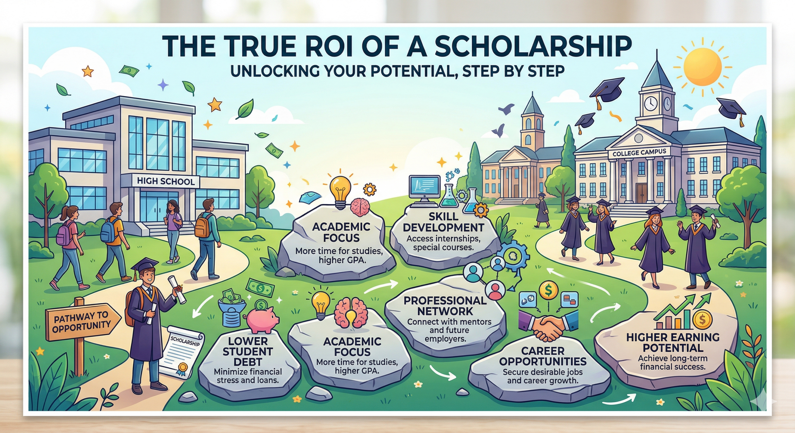 An illustration of a student walking along a clear path toward a bright college campus, representing the true ROI and lifelong impact of investing in scholarships. Title: investing-in-scholarships-true-roi-bfcf