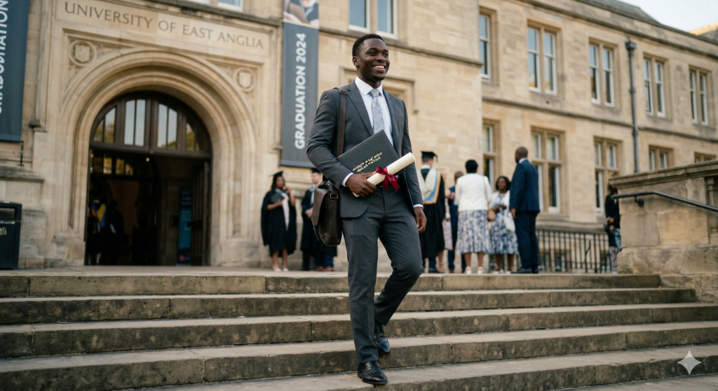 A confident young graduate holding a diploma, representing the successful outcome, generational change, and lifelong impact that comes from investing in scholarships.