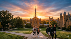 Silhouette of a graduating student holding a diploma while standing beside a cross during a vibrant sunrise, representing Christian scholarship hope and educational renewal.